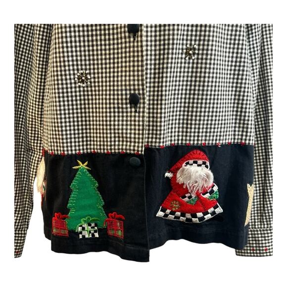 LEMON GRASS Vintage Christmas Shirt Santa Reindeer Appliqué Black Check SZ L - Picture 10 of 16